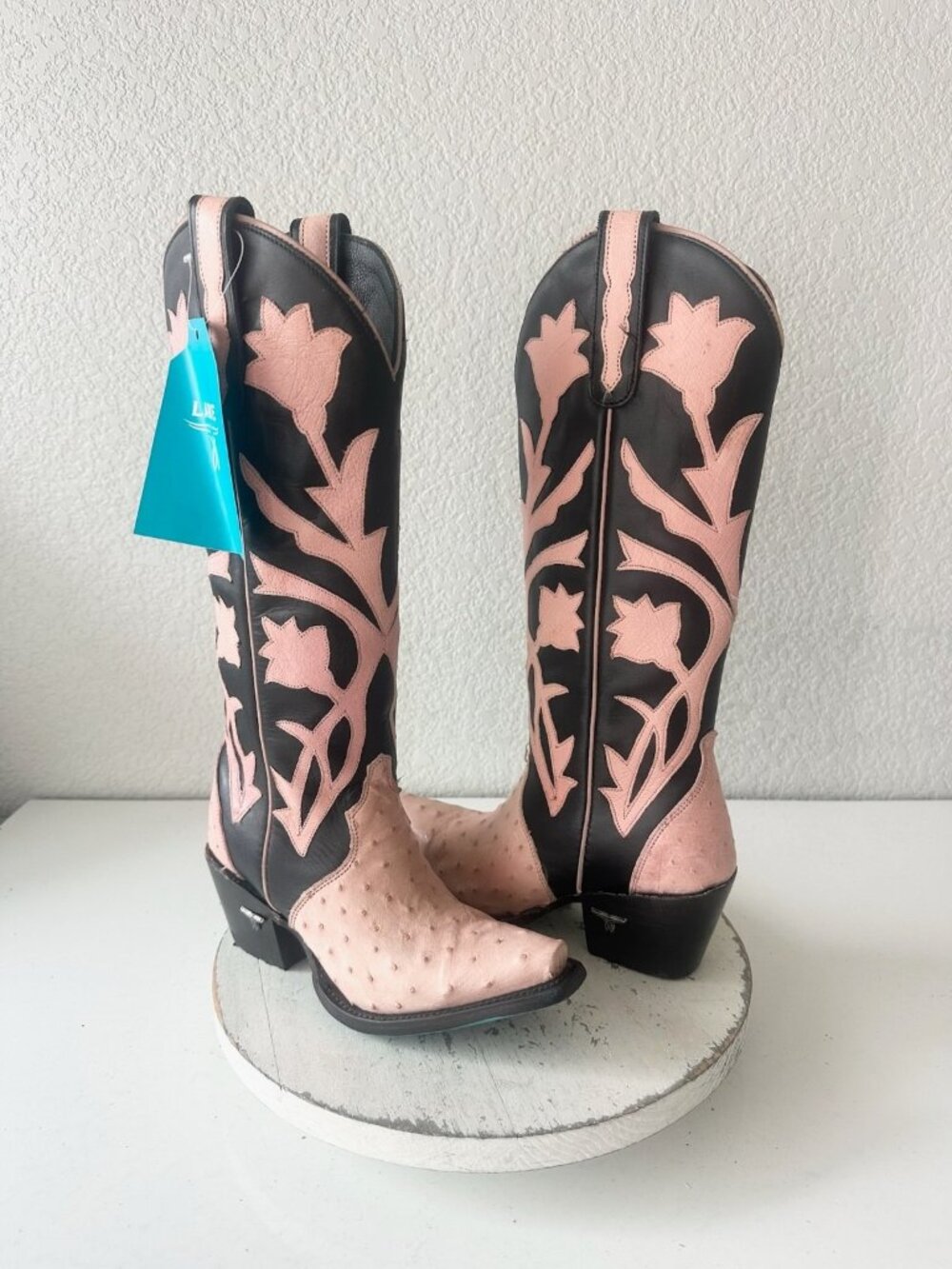 Lane Jolene Pink Ostrich Black Cowboy Boots Western Cowgirl Mid Calf Size 5.5